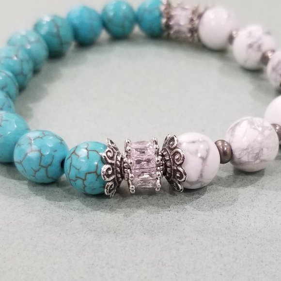 Feel Good™ - 8” Elastic - Crown Muse Bracelet - Turquoise & White Malachite - Picture 4 of 11